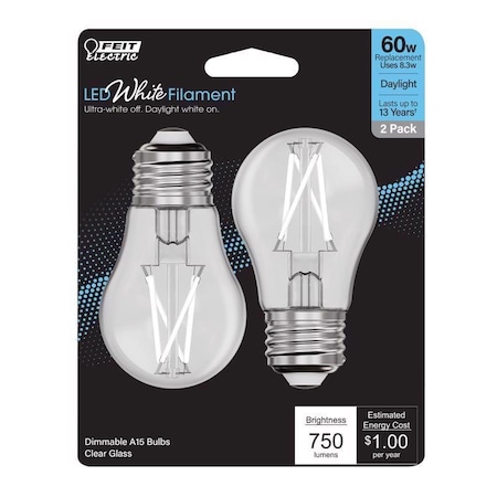 Feit Electric Feit White A15 E26 (Medium) Filament LED Bulb Daylight 60 Watt Equivalence 2 pk BPA1560950WFIL2